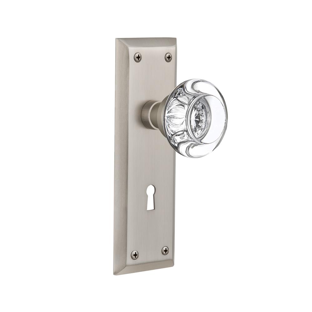 Nostalgic Warehouse NYKRCC Single Dummy New York Plate with Round Clear Crystal Knob with Keyhole in Satin Nickel